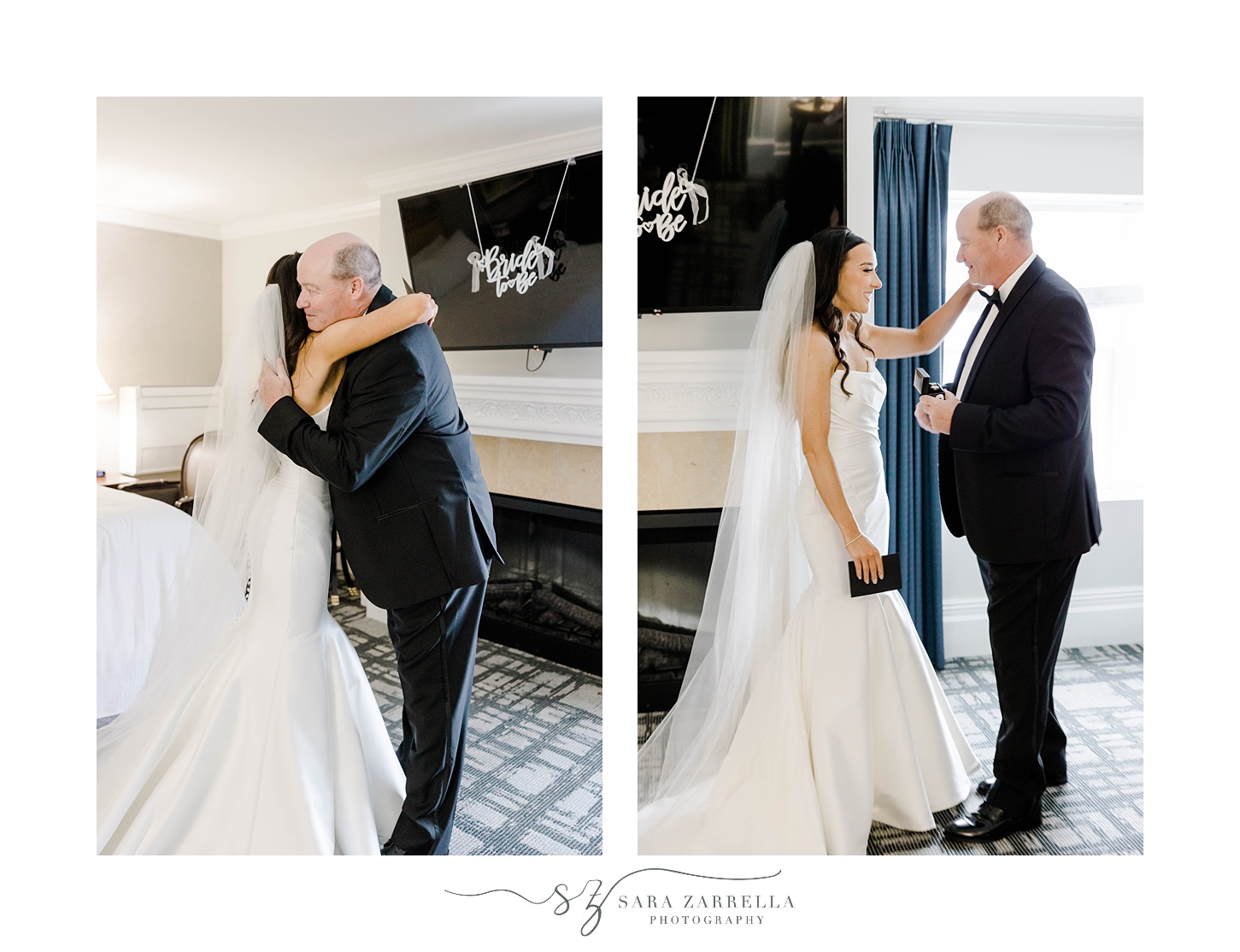 bride has first look with dad at Belle Mer and hugs 