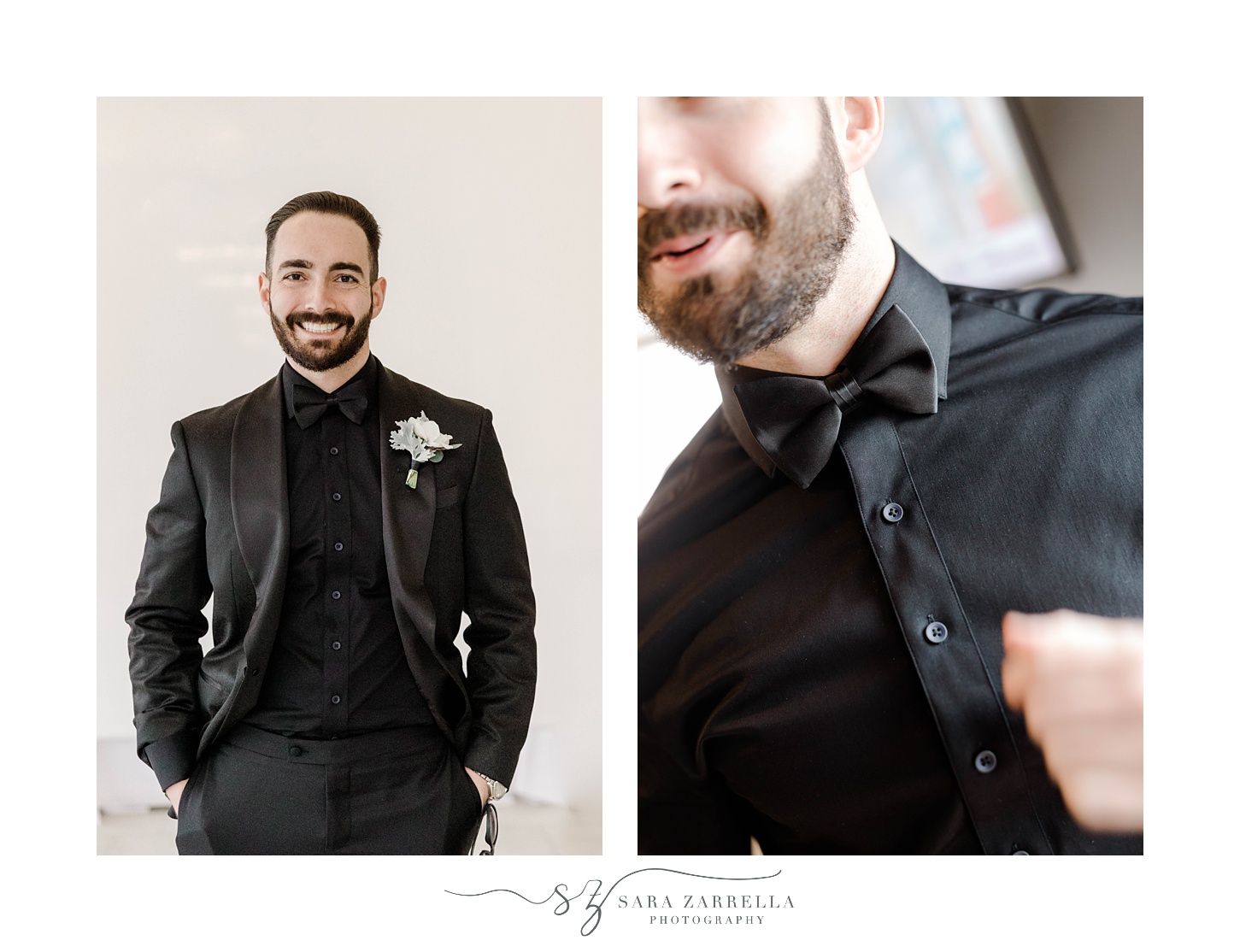 groom poses in black jacket and undershirt with white boutineere 