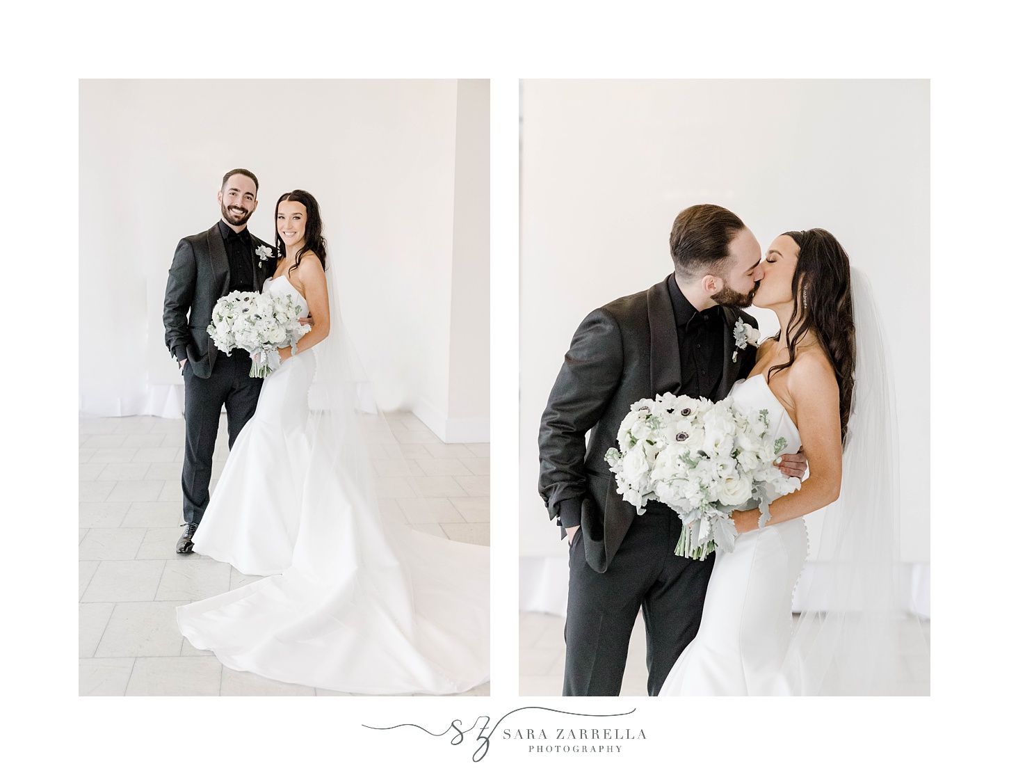 groom in all black leans to kiss bride against wall at The Salon at Belle Mer