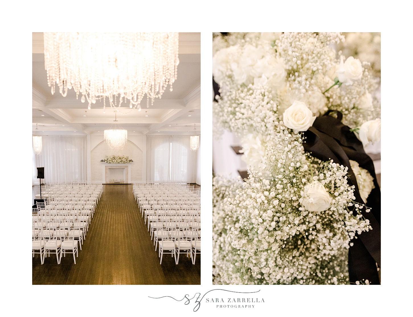 wedding ceremony with white flowers and baby's breath display at The Salon at Belle Mer