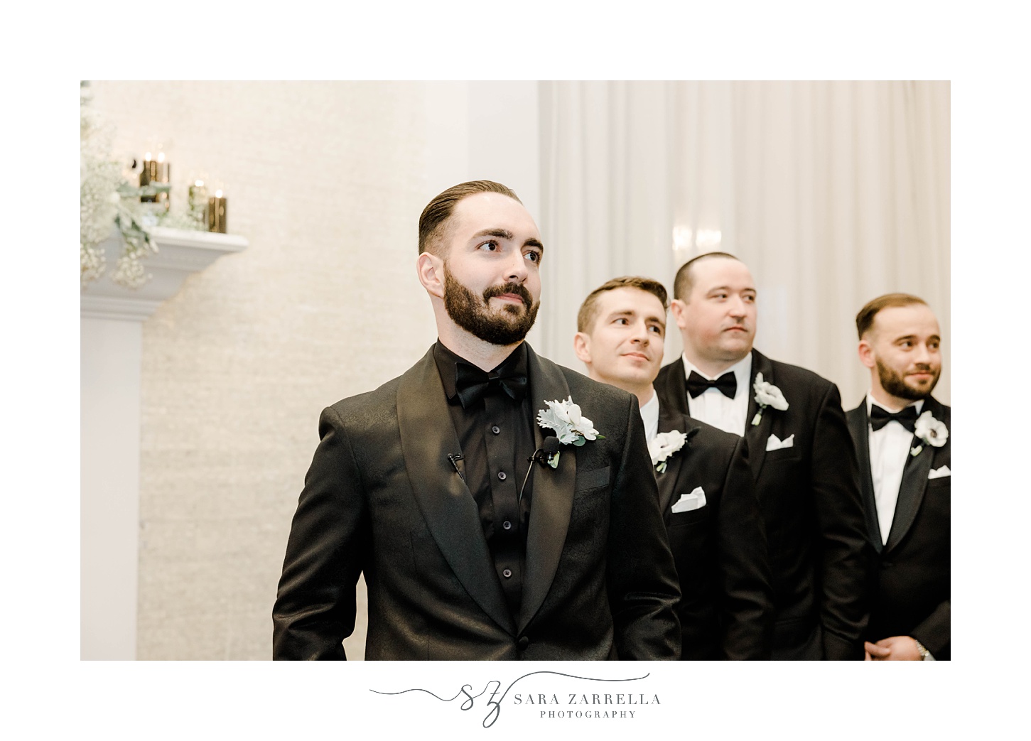 groom in all-black tears up watching bride walk into ceremony 