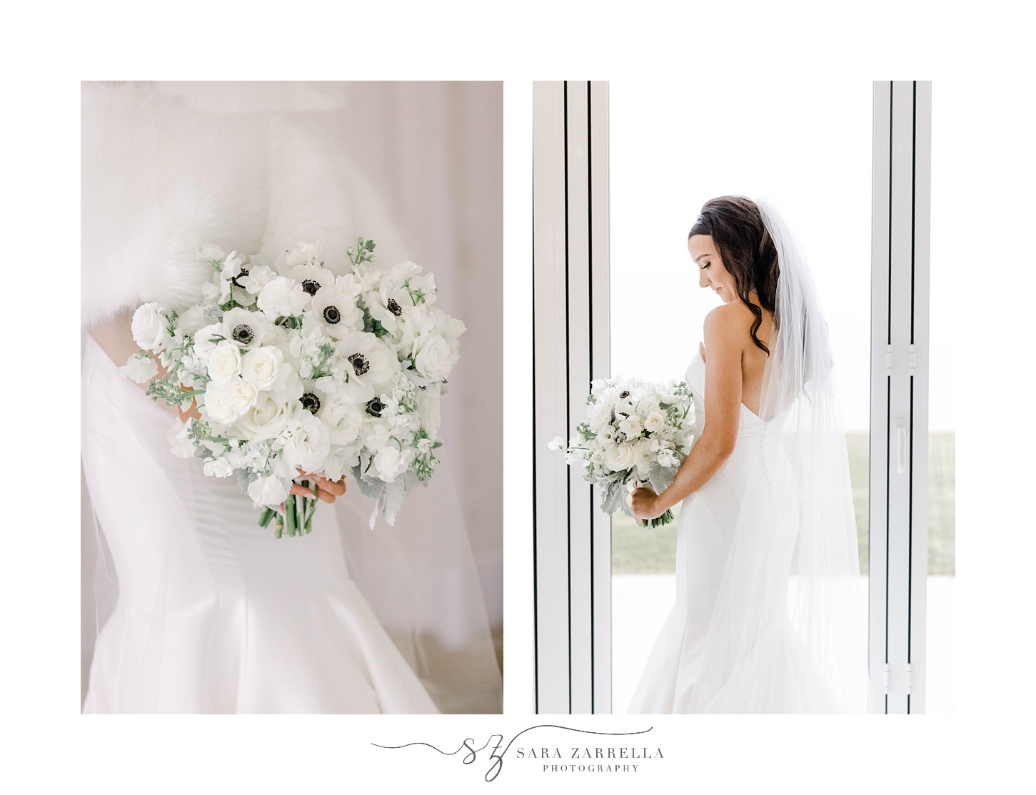 bride poses by window holding bouquet of white anemones