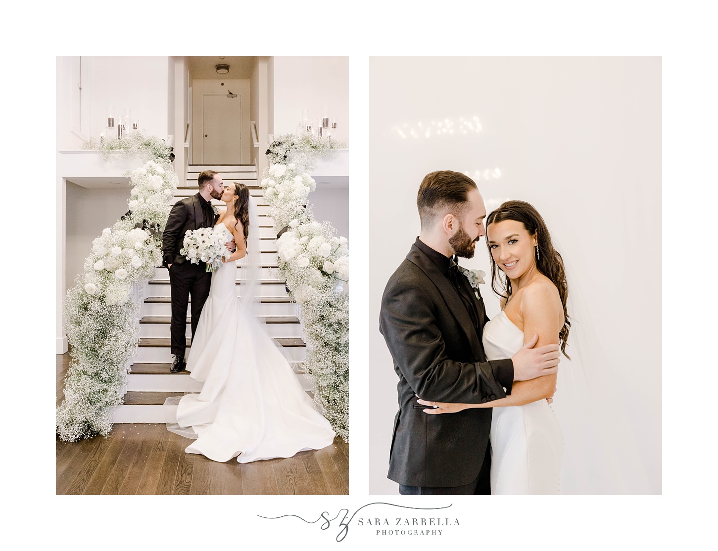 bride and groom hug by staircase covered in white flowers 