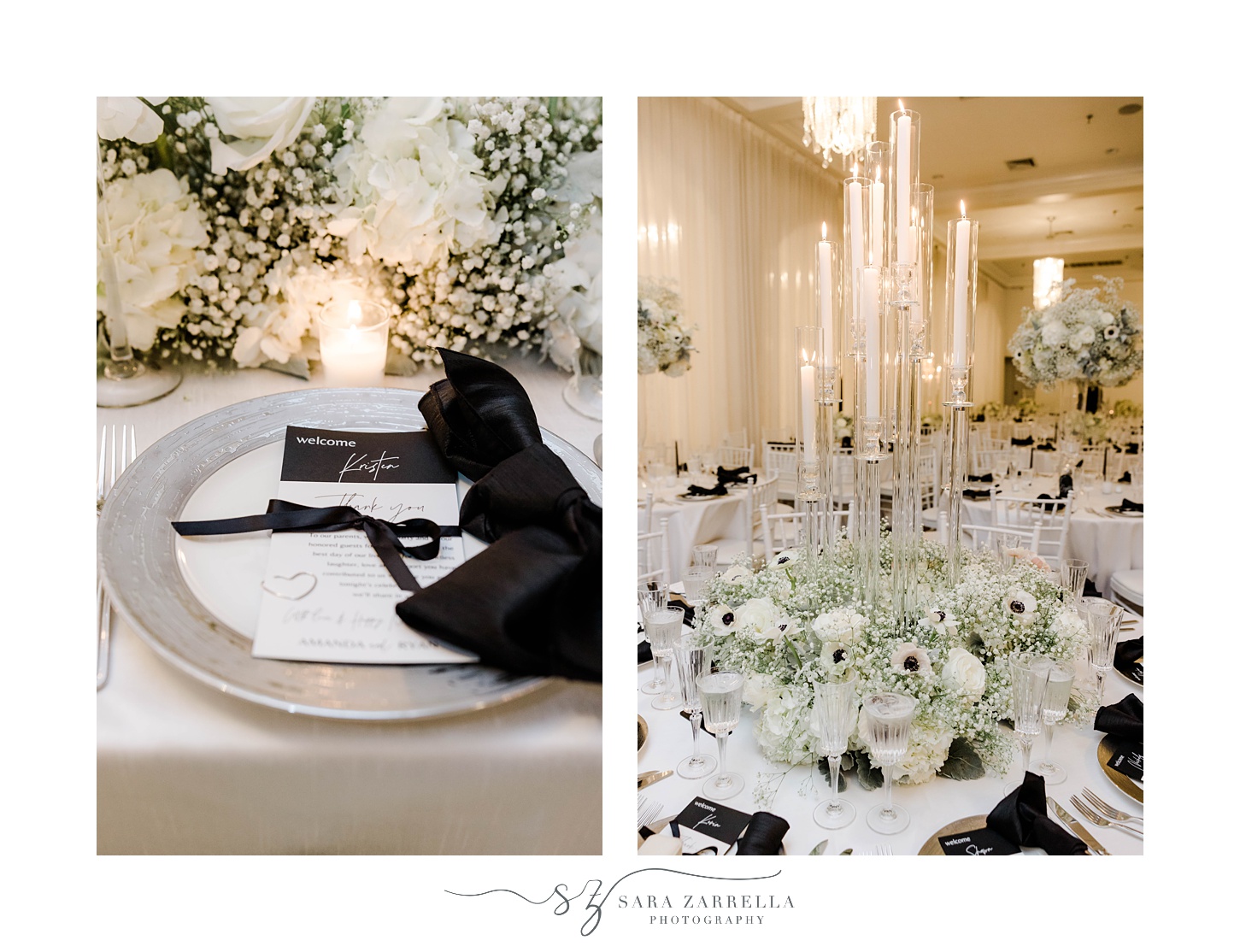 black and white floral centerpiece with tall candles at NYE wedding at Belle Mer