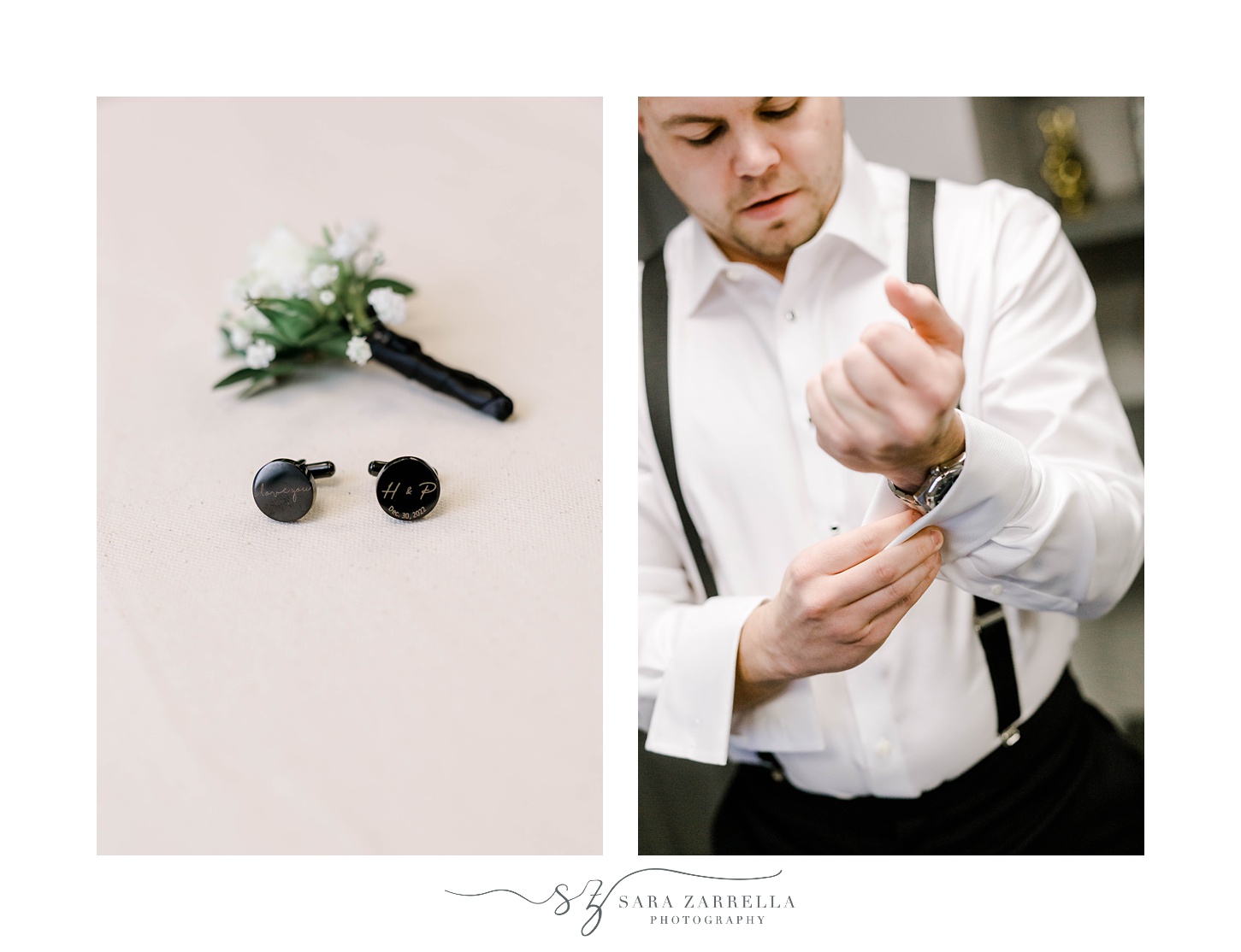 groom puts on custom cufflinks