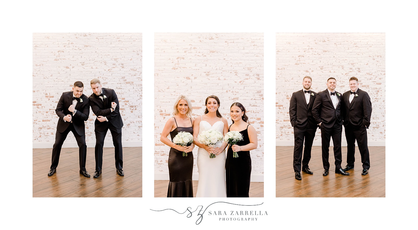 bride and groom pose with bridesmaids and groomsmen during winter wedding 