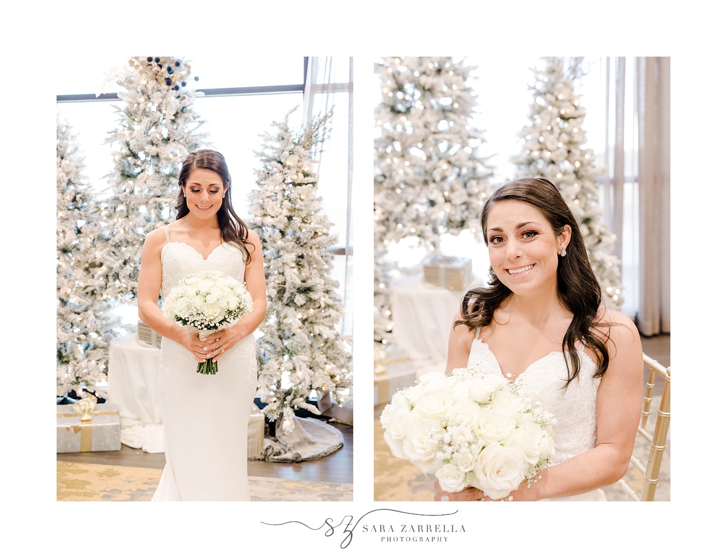 winter bride holds bouquet of all-white flowers in front of Christmas trees in lobby of the Crowne Plaza Warwick