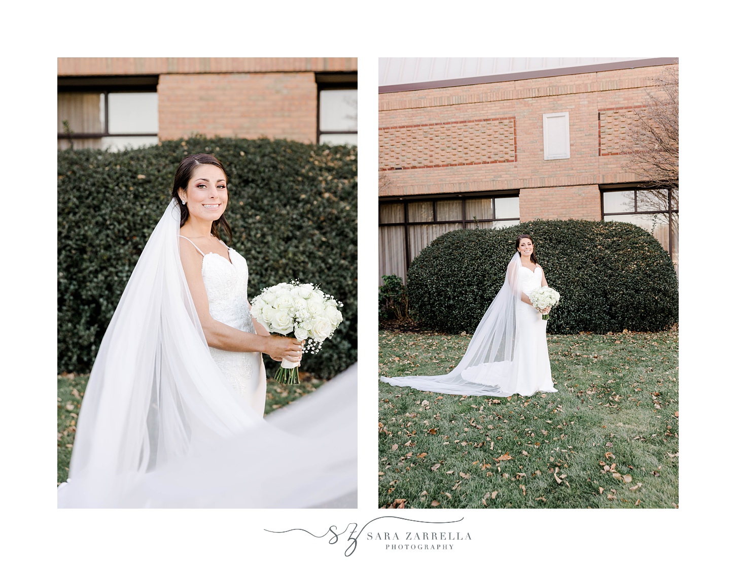 bride stands on lawn in strapless wedding gown with bouquet of white flowers 