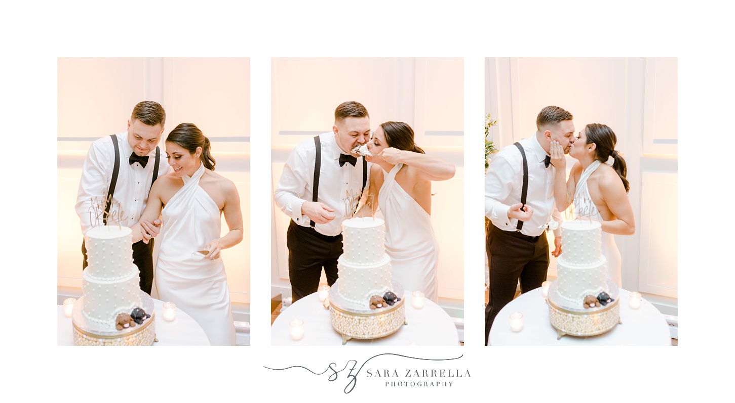 bride and groom cut wedding cake feeding each other 