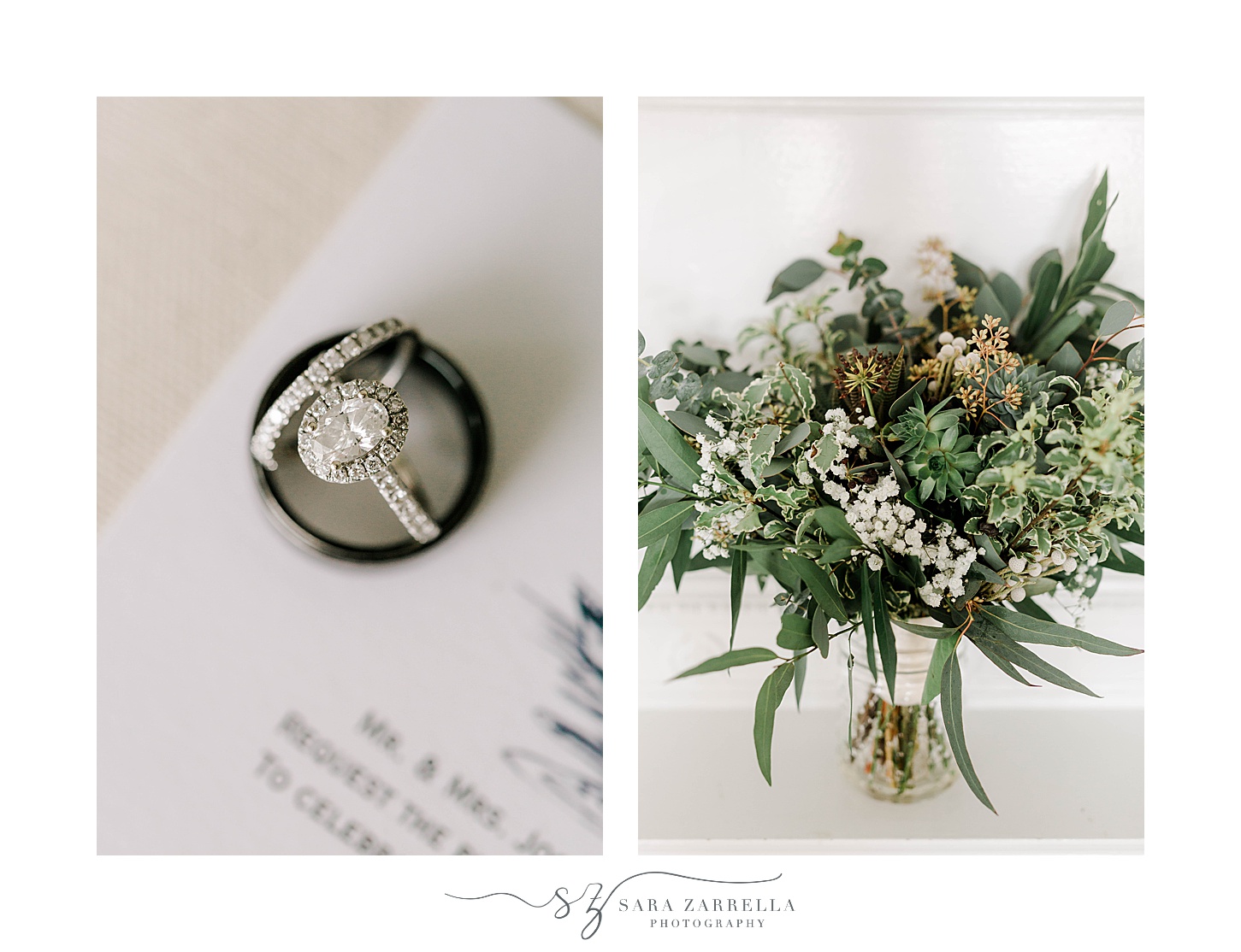 wedding rings and bride's bouquet for OceanCliff Hotel wedding
