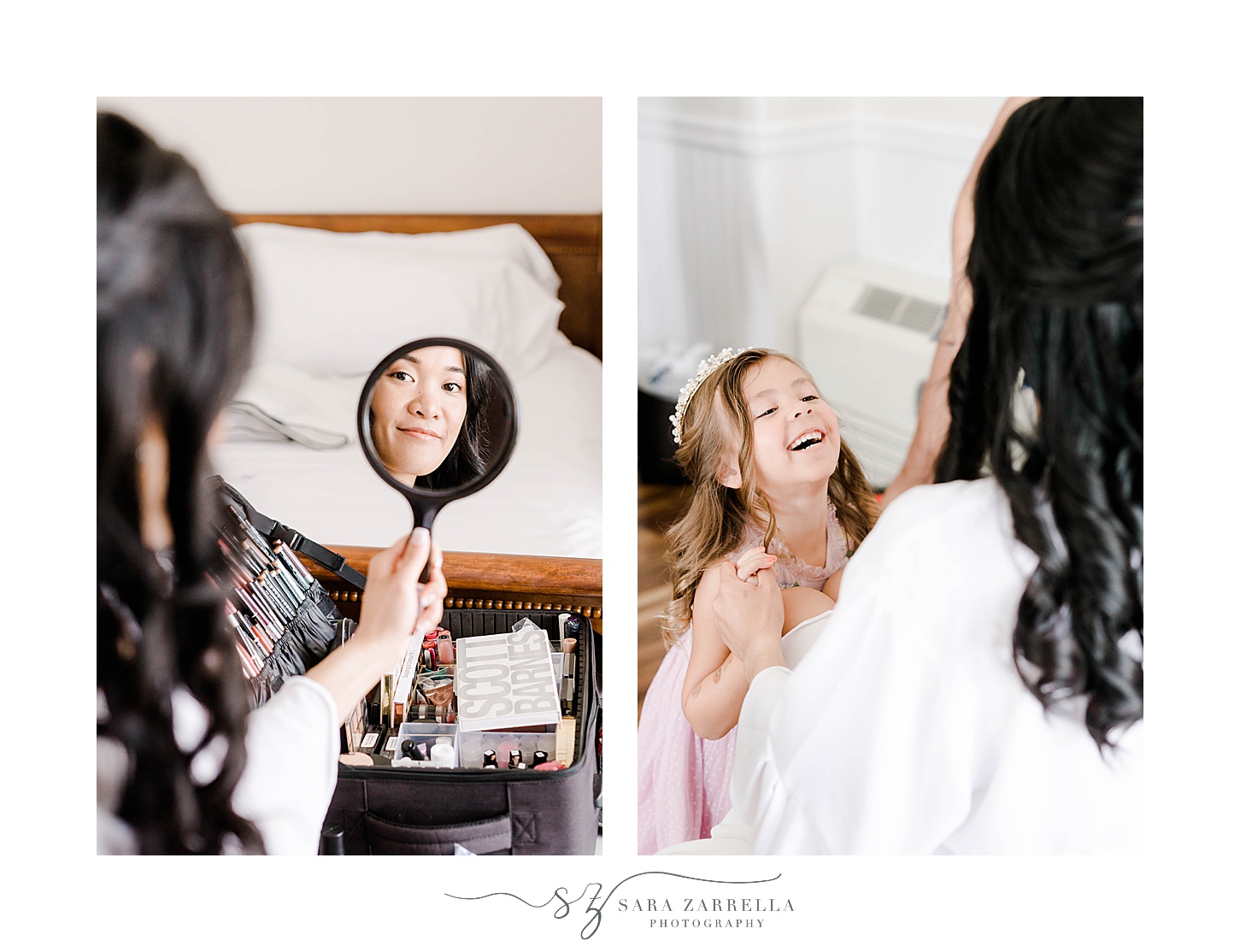 bride looks at mirror and laughs with flower girl at OceanCliff Hotel