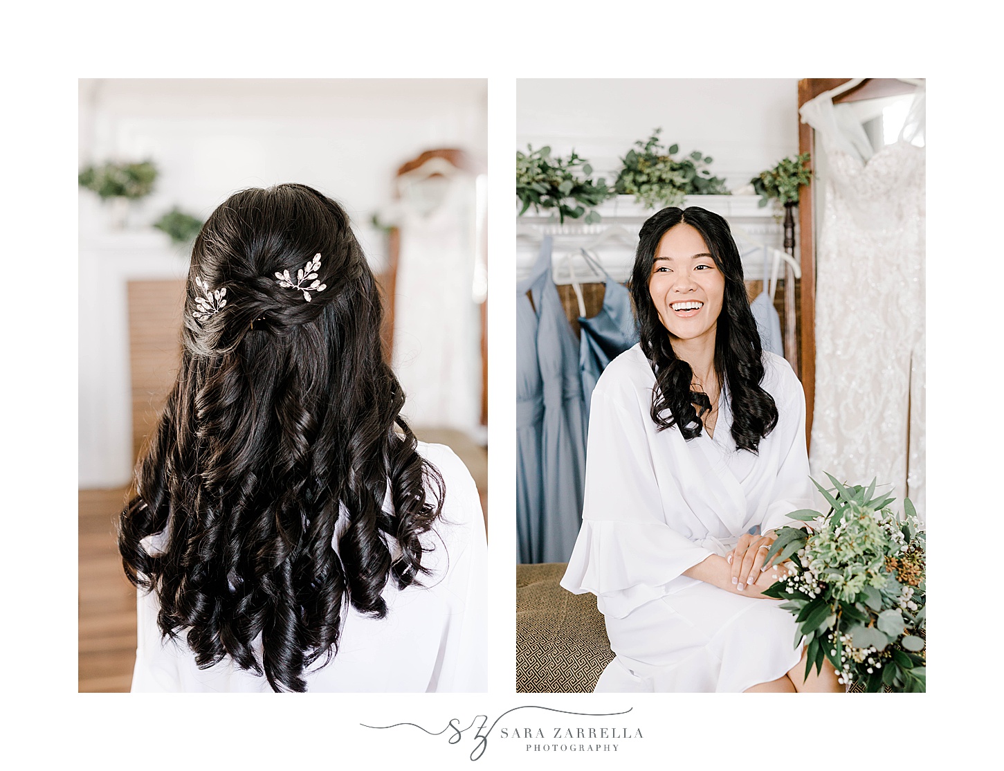 bride laughs in white robe and shows off hair pieces 