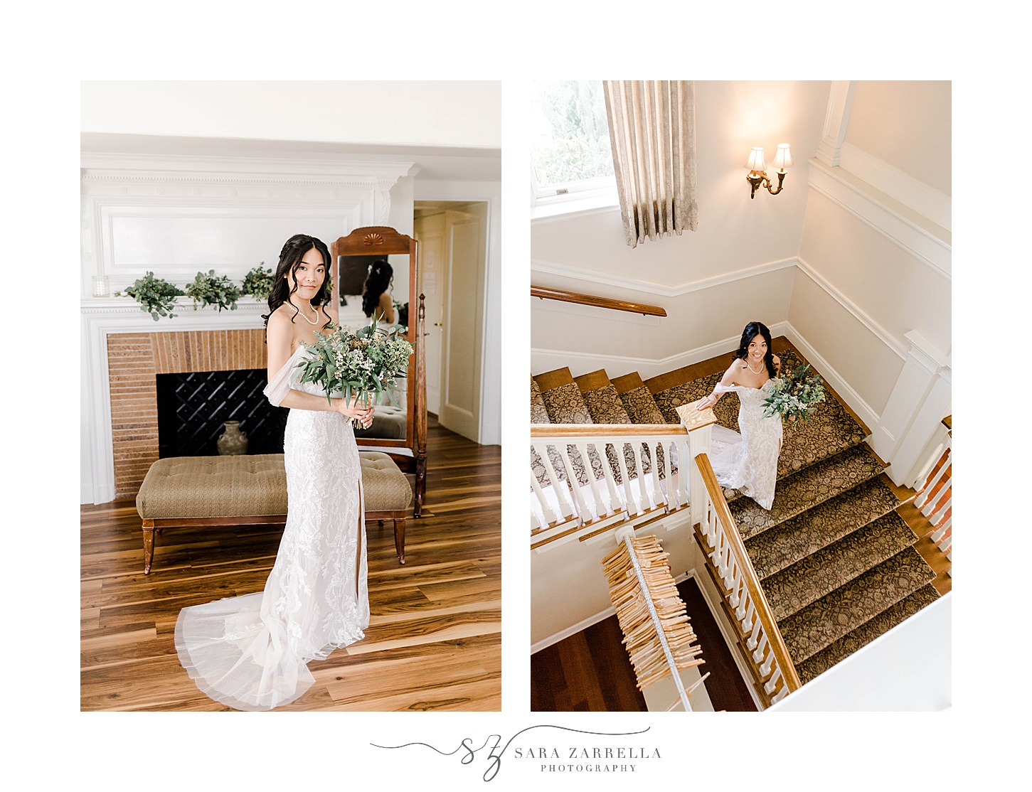 bride walks down staircase inside OceanCliff Hotel