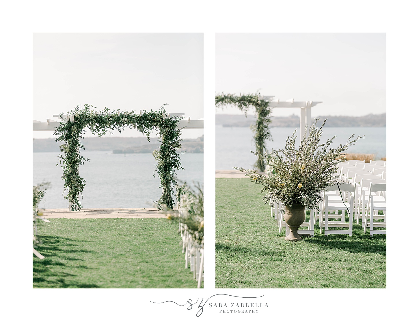 arbor for wedding ceremony by waterfront In Newport RI with greenery and succulents 