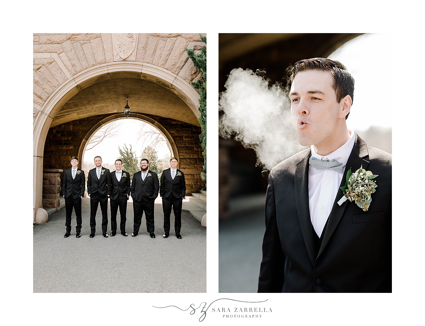 groom blows smoke from cigar with groomsmen 