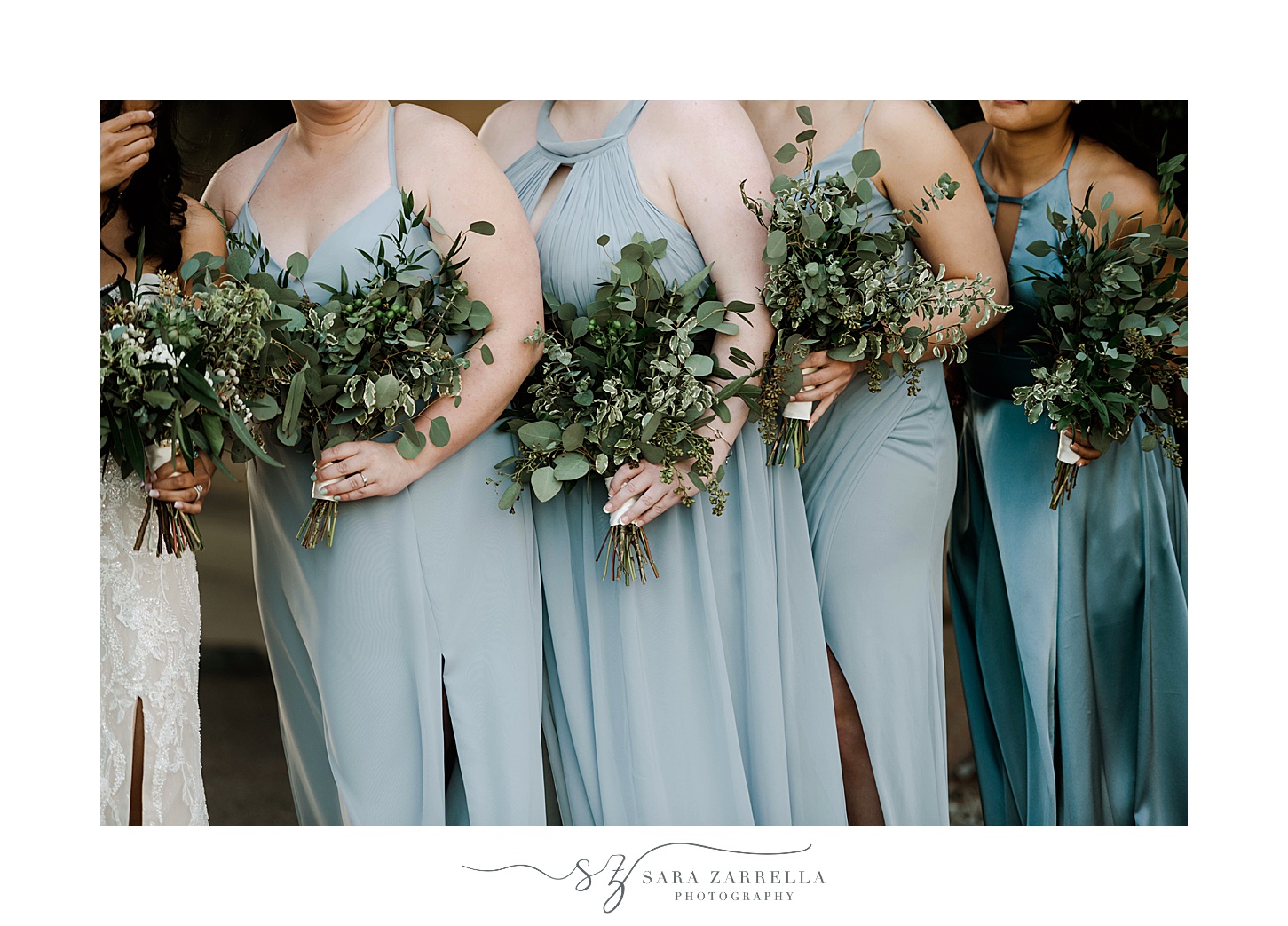 bridesmaids in blue gowns hold succulent bouquets for springtime OceanCliff Hotel wedding