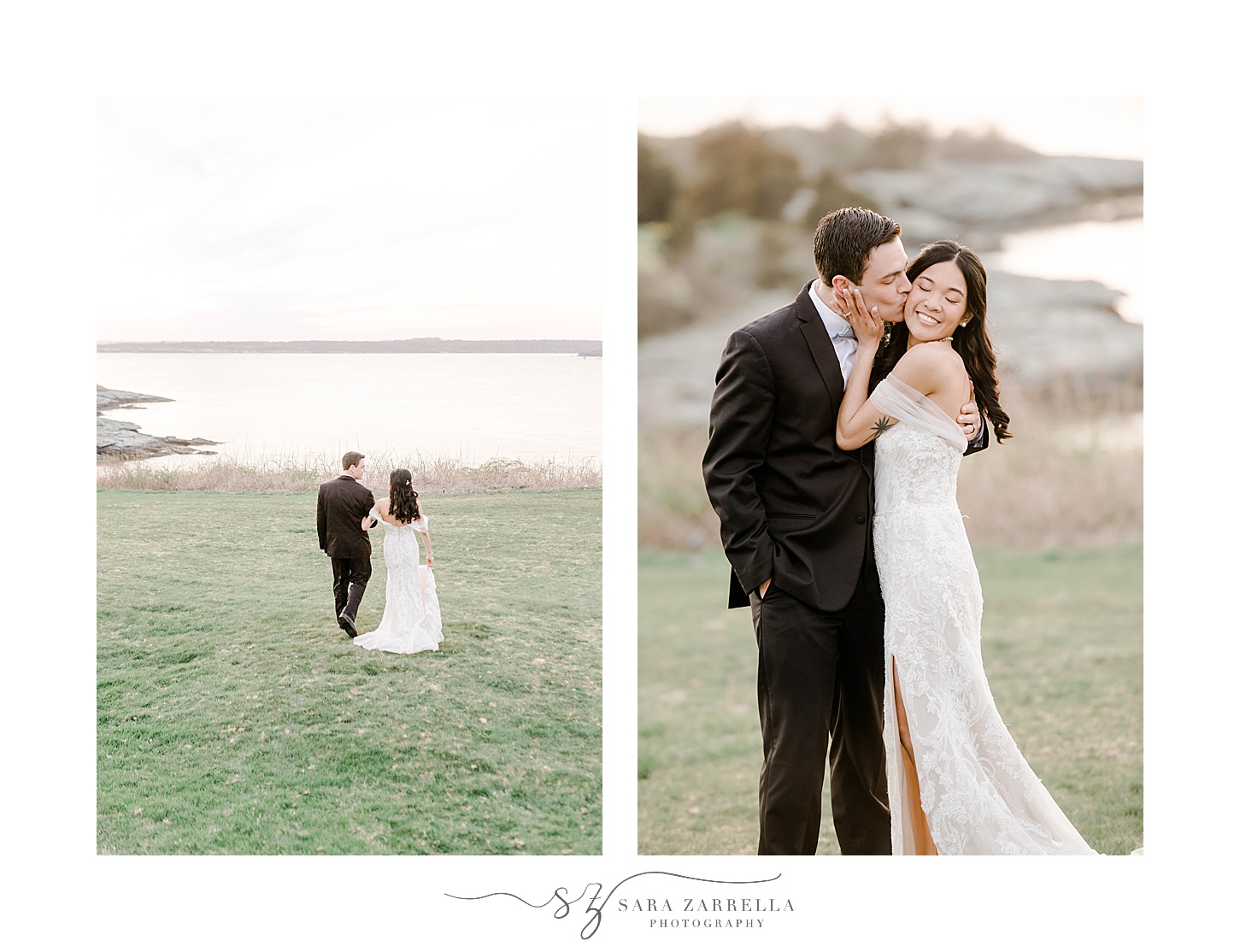 groom kisses bride's cheek on hill in Newport RI with water behind them