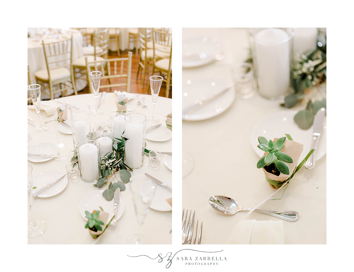 wedding reception with succulent favors and candle centerpieces at OceanCliff Hotel