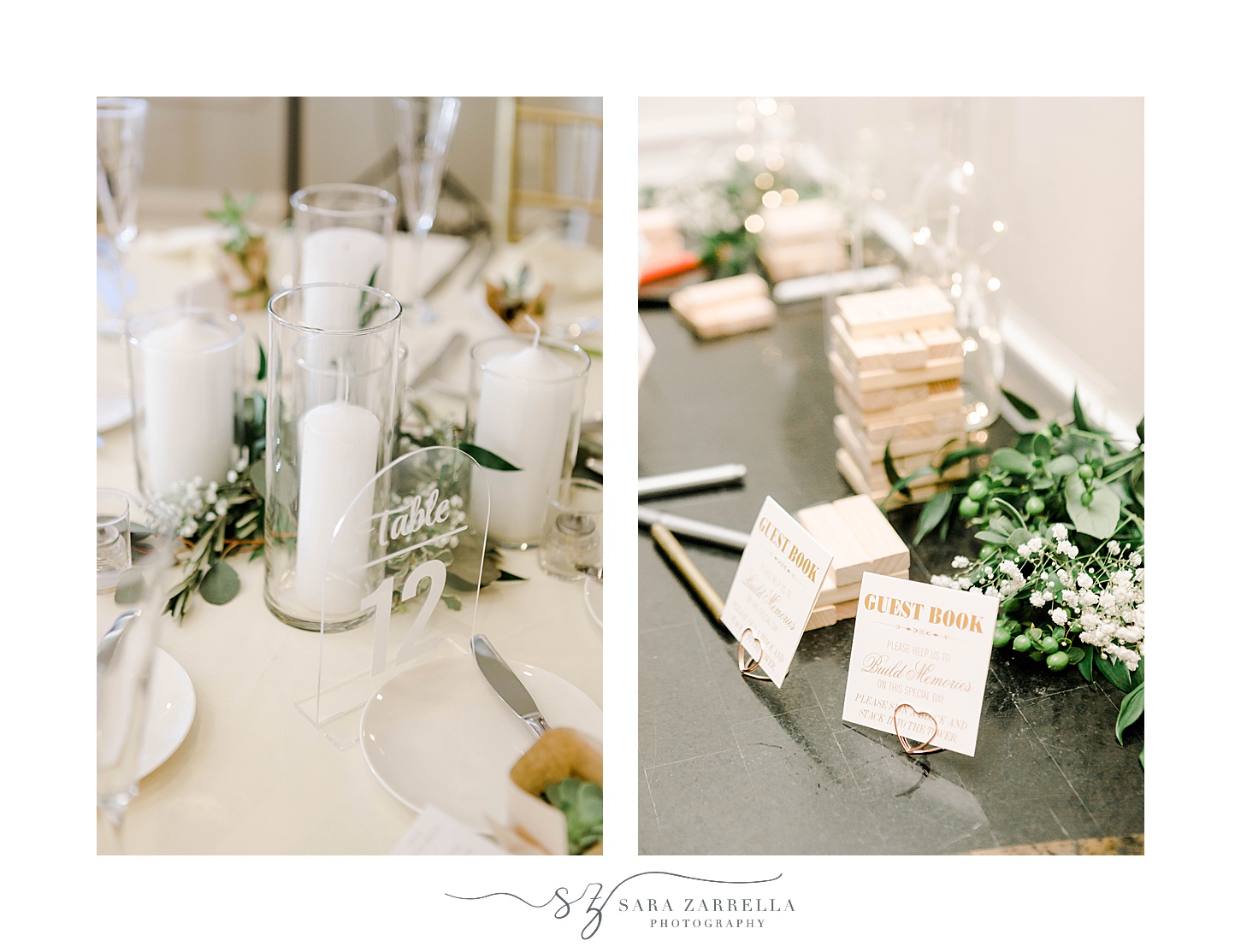 wedding reception with candles in centerpiece with greenery 