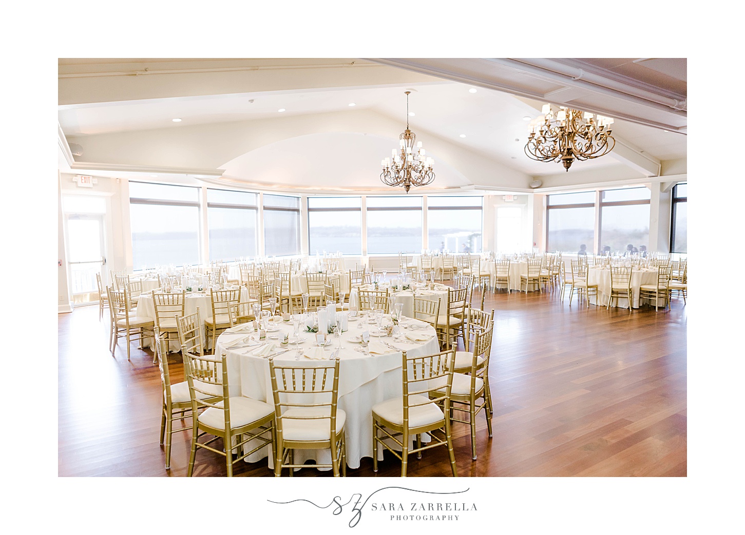 springtime OceanCliff Hotel wedding reception with gold and green details 