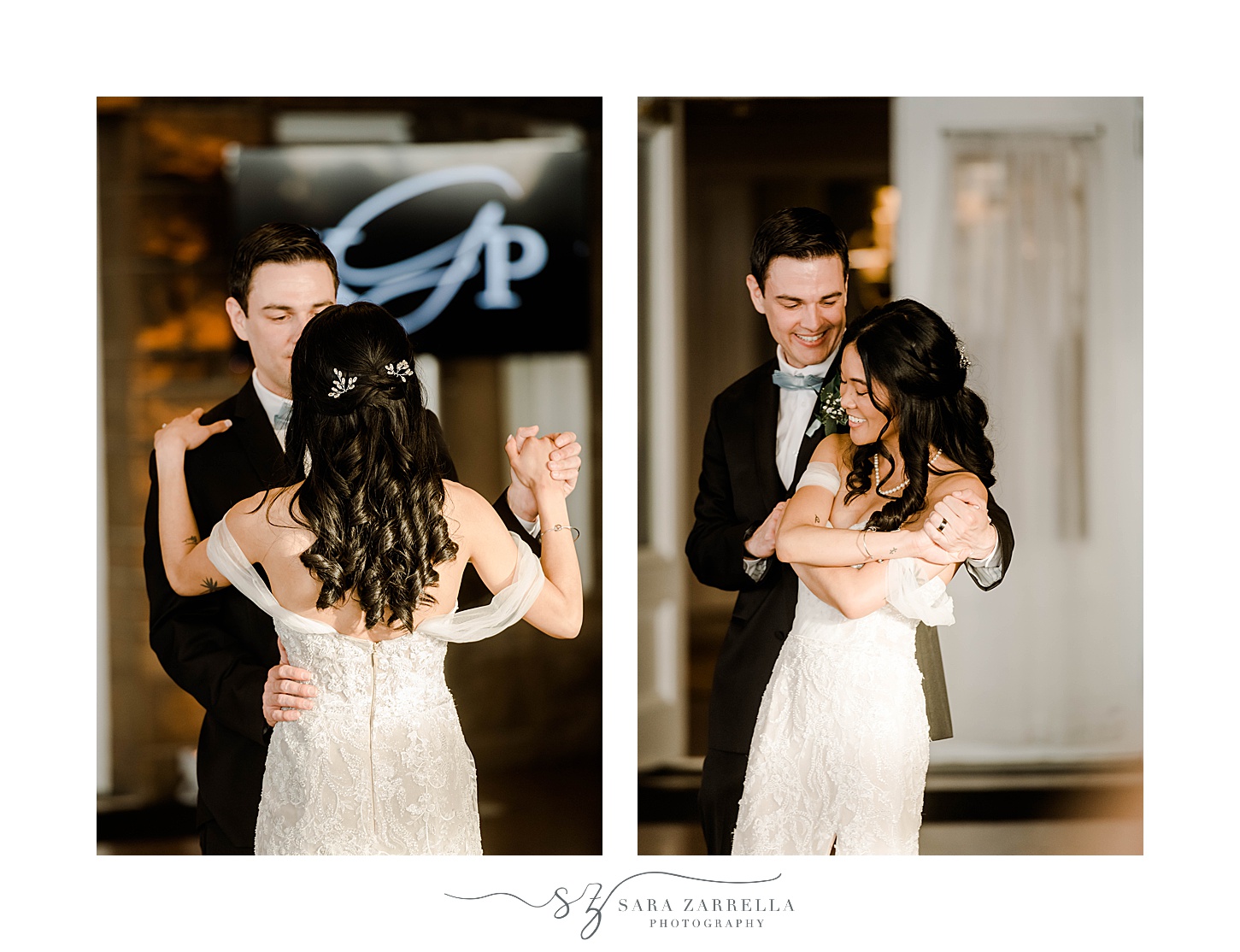 groom twirls bride into him during first dance at wedding reception in Newport RI