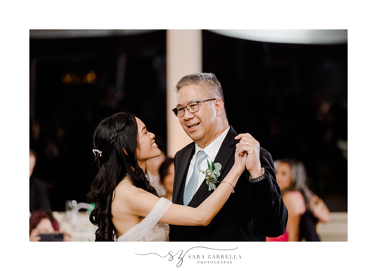 bride and dad dance together during wedding reception in Newport RI