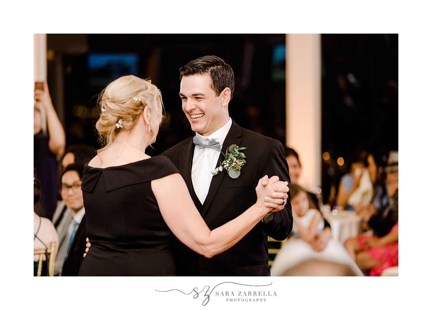 groom dances with mom during wedding reception in Newport RI