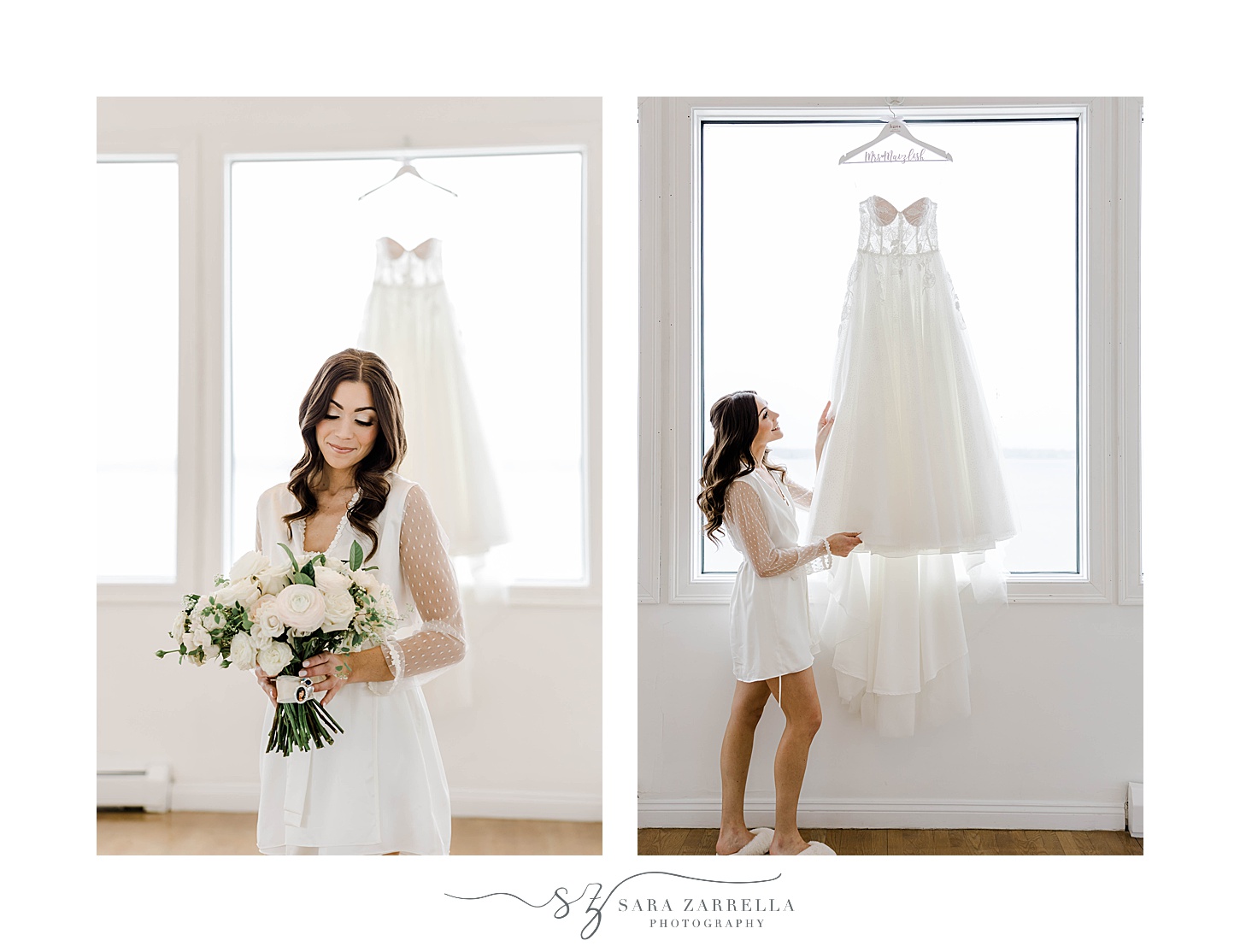 bride looks at wedding dress inside bridal suite at Belle Mer Island House