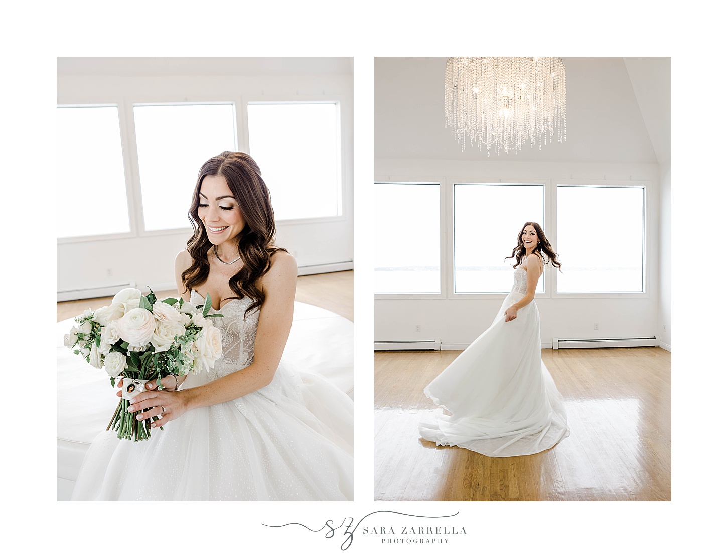 bride sits in bridal suite holding bouquet of ivory roses at Belle Mer Island House