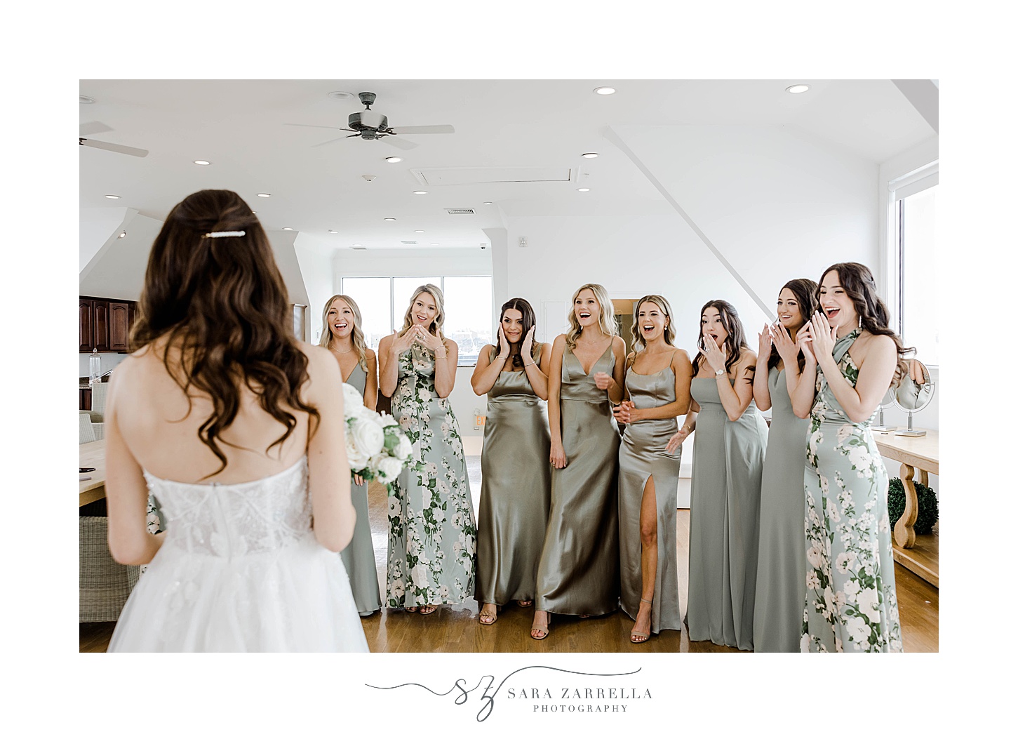 bridesmaids react to seeing bride's final look for wedding day