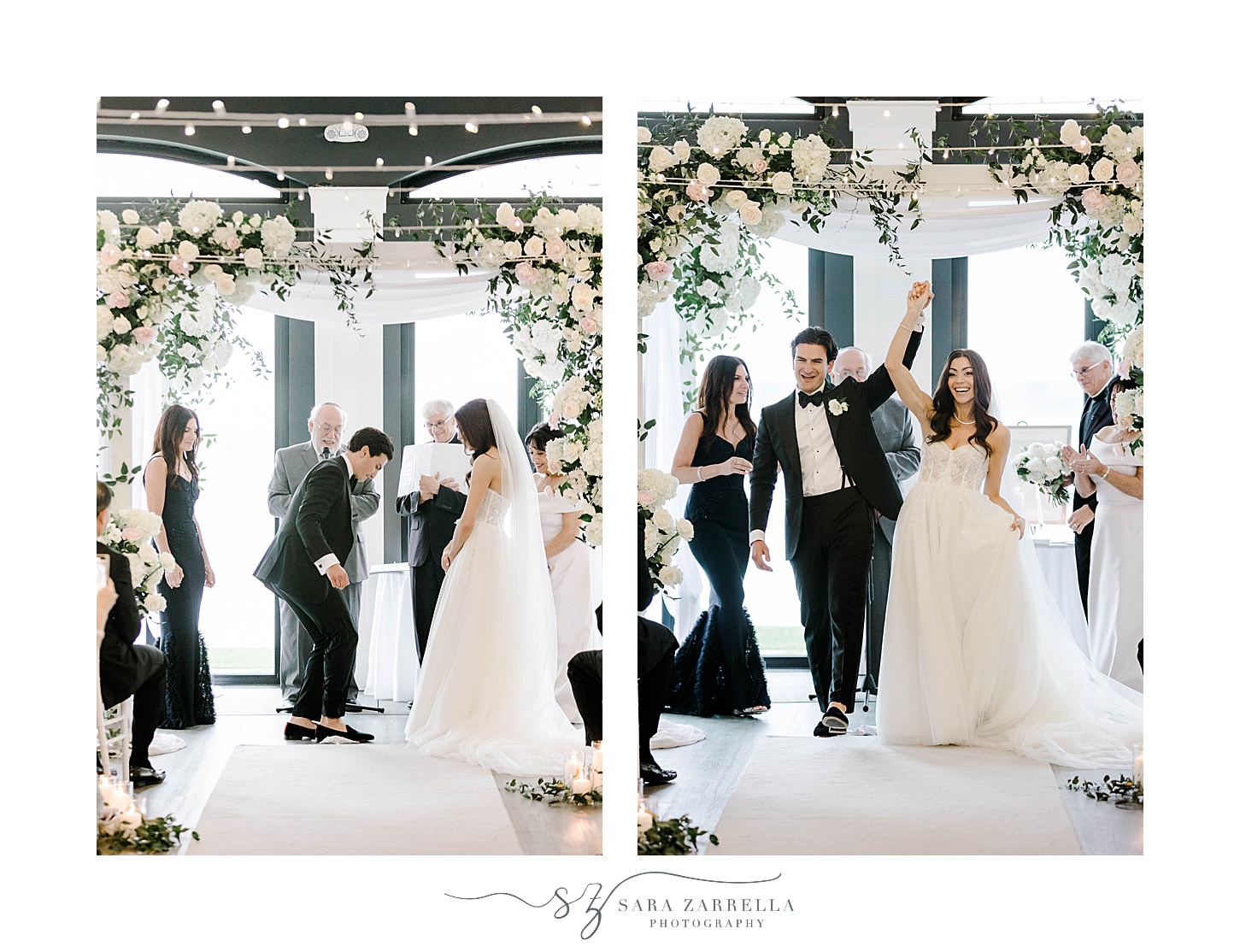 groom breaks glass and cheers with bride under chuppah