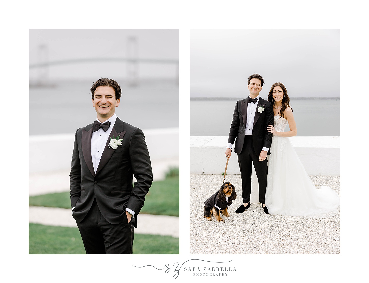 bride and groom pose with dog in tux with Newport Bridge behind them