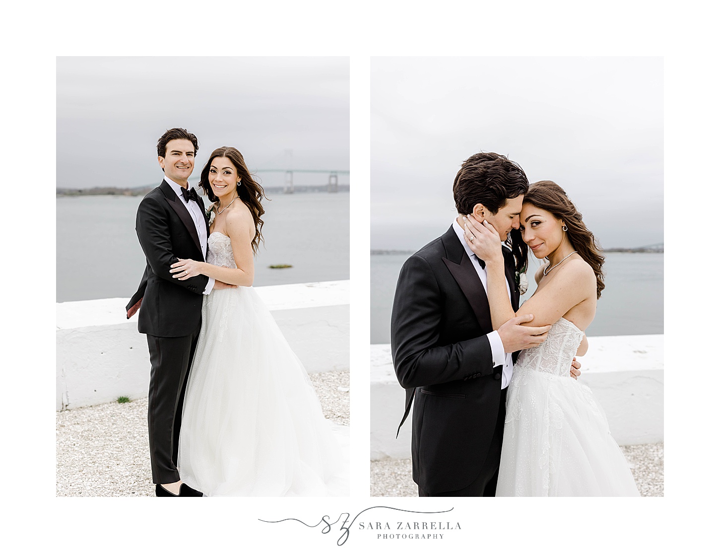 bride and groom hug by waterfront at Belle Mer Island House