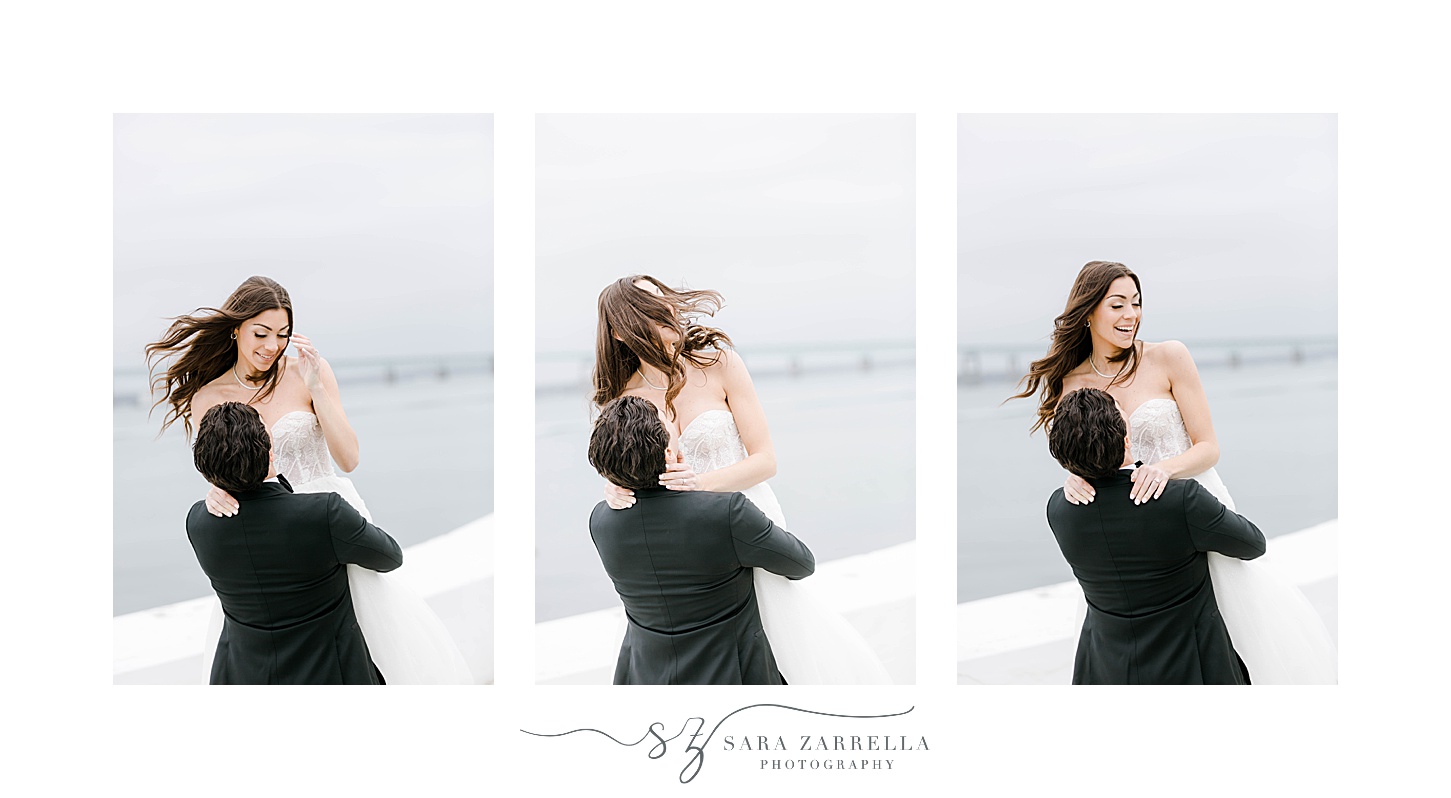 groom lifts up bride twirling her at Narragansett Bay 