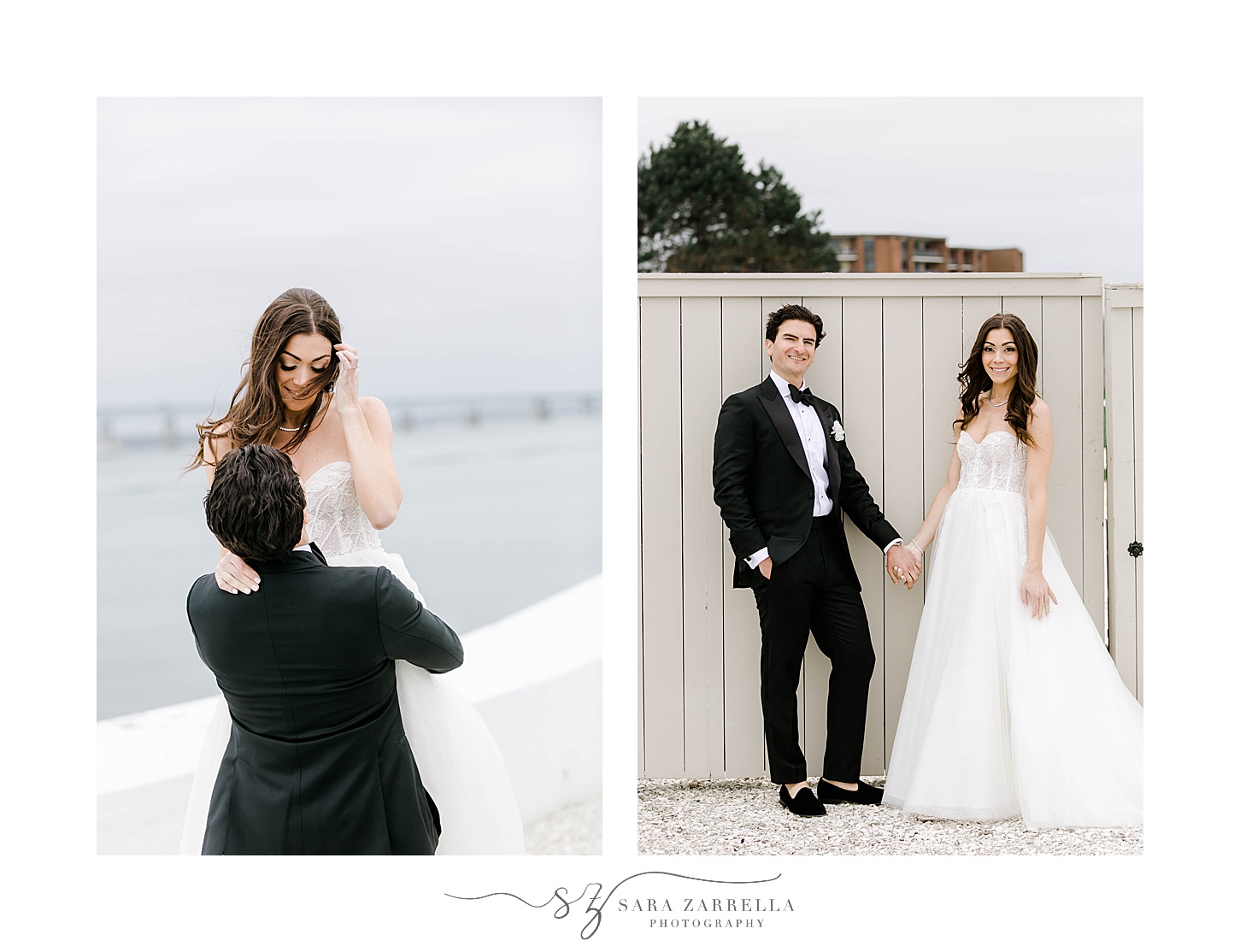 bride and groom pose on white wall at Narragansett Bay 