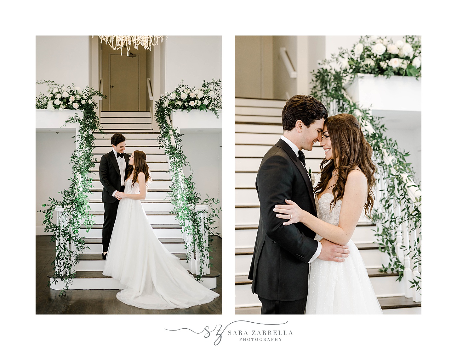 bride and groom hug by staircase with greenery on railing