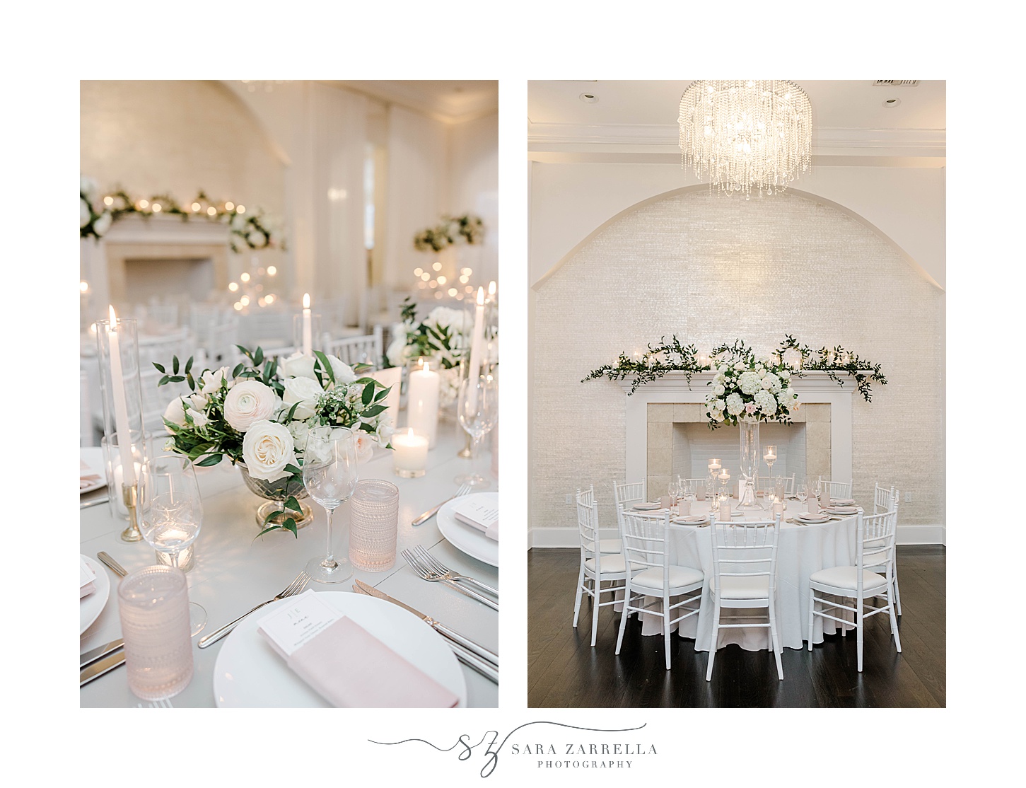 Belle Mer Island House wedding reception with white and green flowers