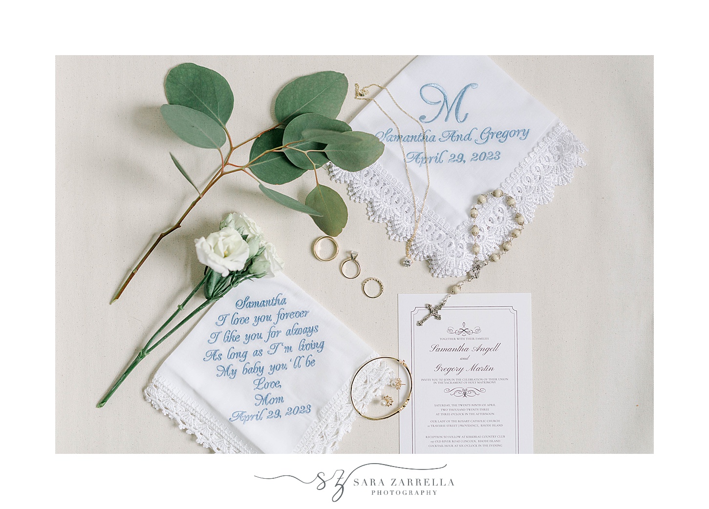 bride's jewelry, rosary, and embroidered handkerchiefs 