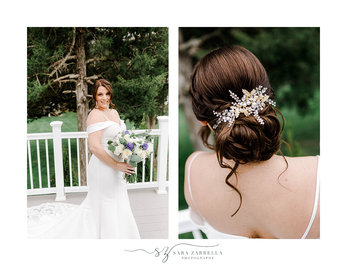 bride poses on back patio showing off custom updo