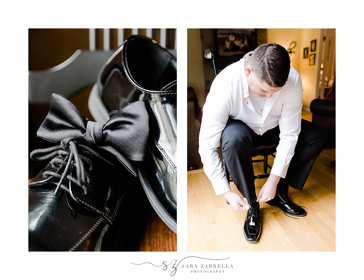 groom puts on shiny black shoes before Lincoln RI wedding day