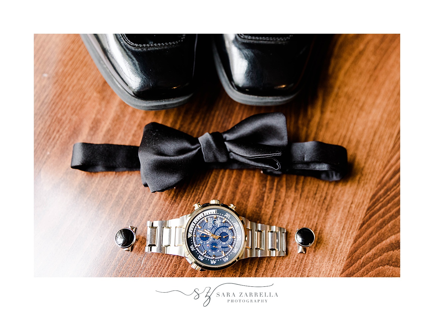 groom's shoes, bowtie, and new watch for wedding day