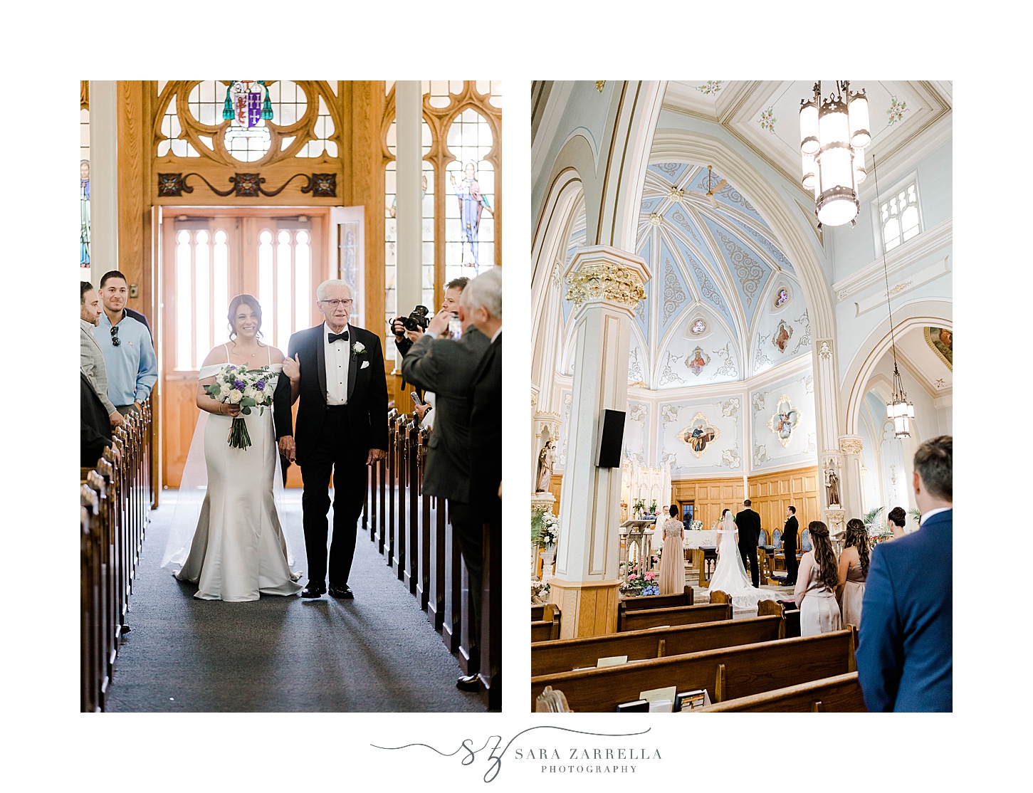 bride walks down aisle inside Our Lady of the Rosary before wedding ceremony 