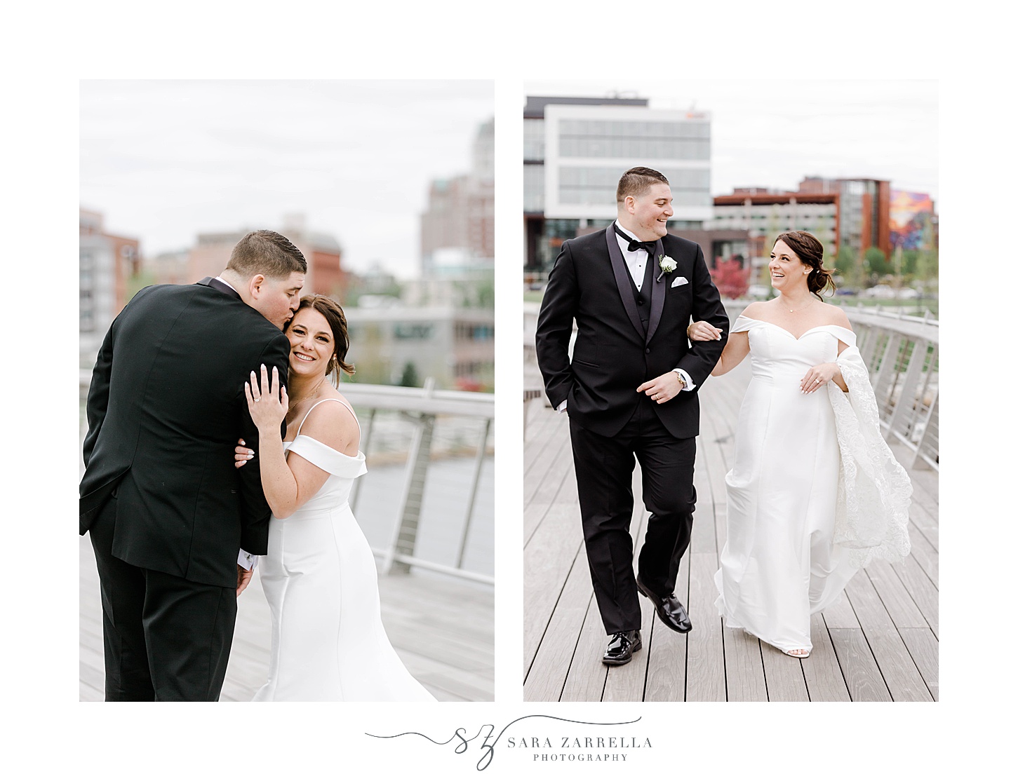 newlyweds walk together along the Providence Pedestrian Bridge