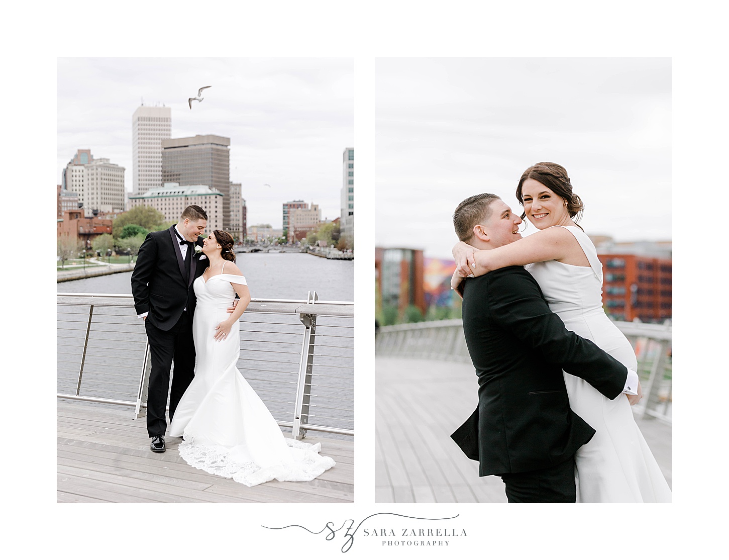 groom lifts up his bride on the Providence Pedestrian Bridge