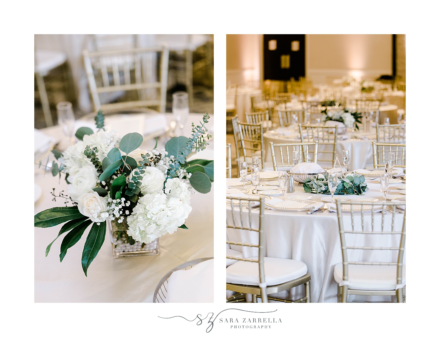spring Kirkbrae Country Club wedding reception with ivory floral centerpieces 