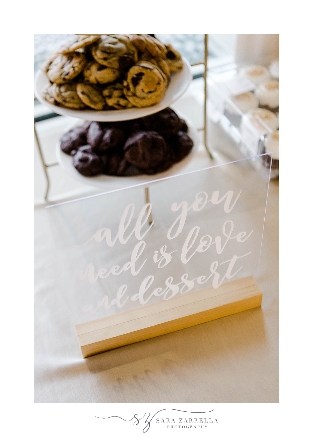 "all you need is love and desserts" acrylic sign for Kirkbrae Country Club wedding reception
