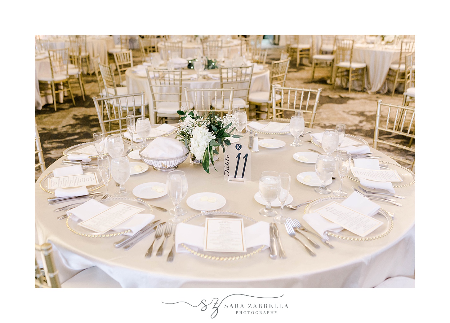 Kirkbrae Country Club wedding reception with ivory and gold details