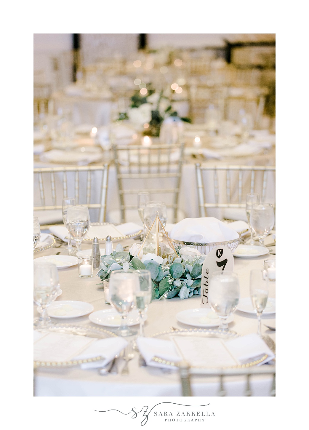 Kirkbrae Country Club wedding reception with gold chairs and ivory florals 