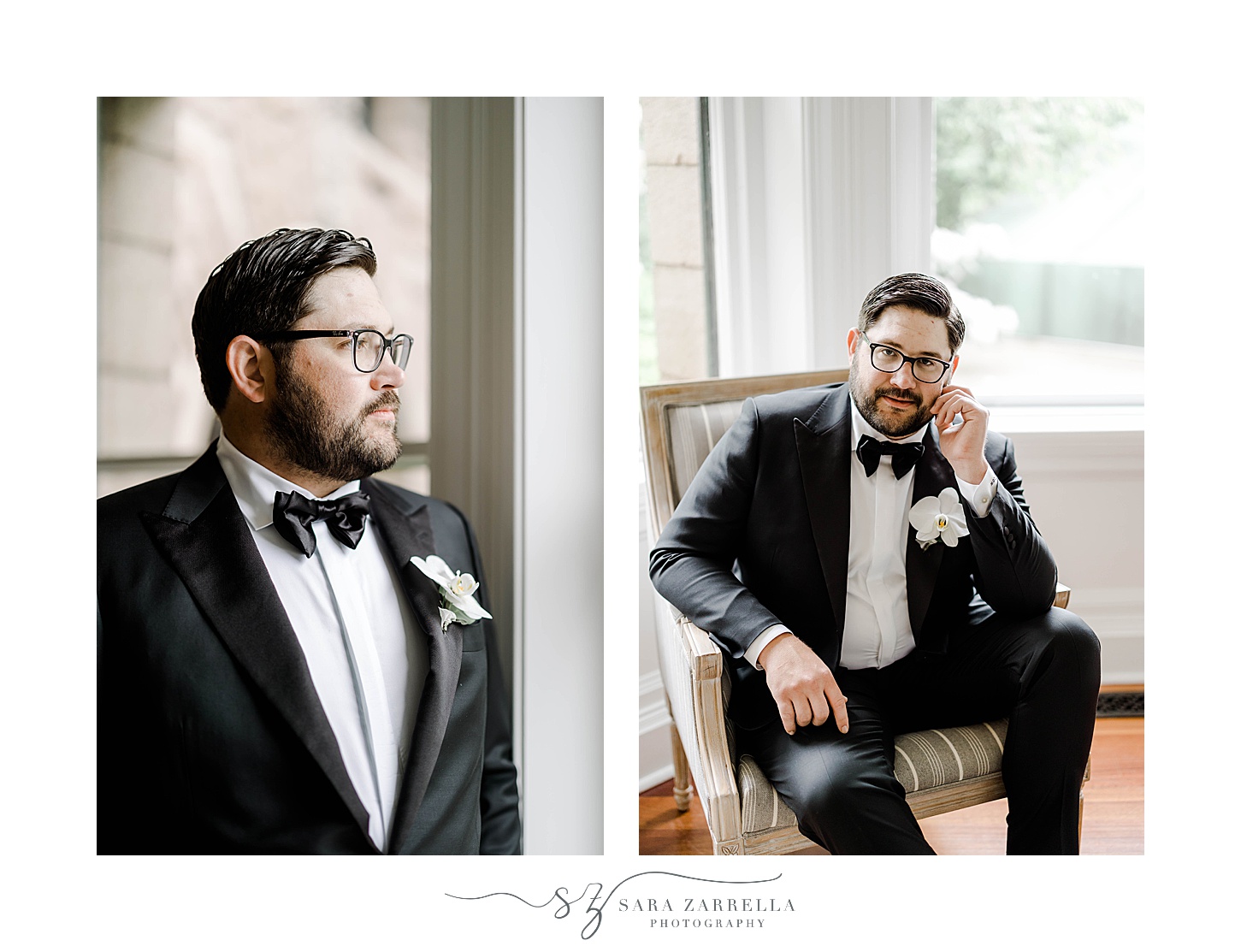 groom sits in chair leaning on arm in black tux with white orchid boutonnière 