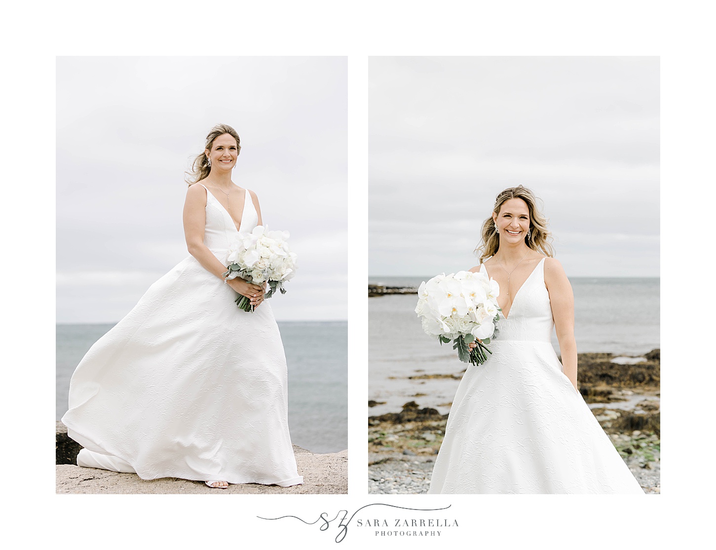 bride smiles on windy wedding day on hill at OceanCliff Hotel